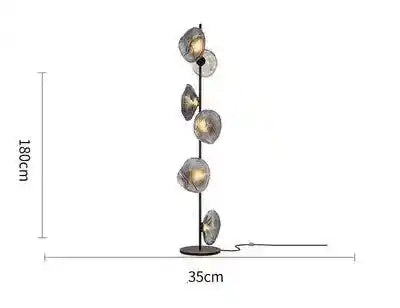 Nowoczesna lampa stojąca z pięcioma okrągłymi kloszami na metalowej pionowej konstrukcji