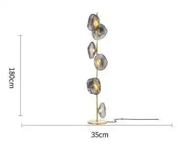 Nowoczesna lampa stojąca z pięcioma okrągłymi kloszami i metalową podstawą o wysokości 180 cm