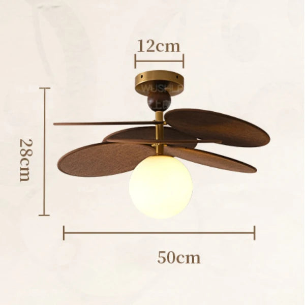 Rattanowa lampa sufitowa z drewna i szklanym kloszem, nowoczesny design i wymiary 50x28cm