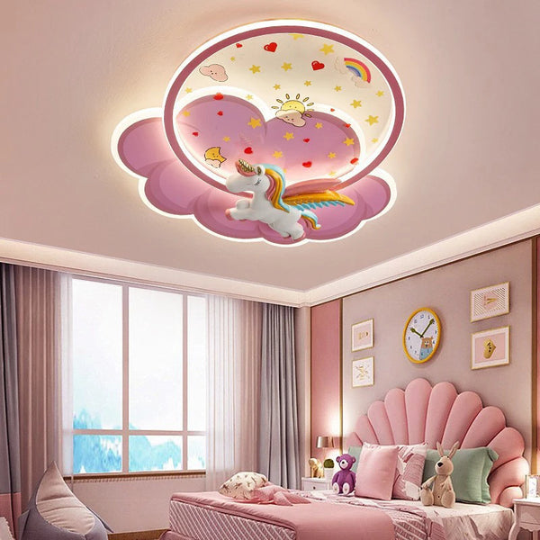 Różowa lampa sufitowa LED Unicorn z jednorożcem i tęczą do pokoju dziecięcego