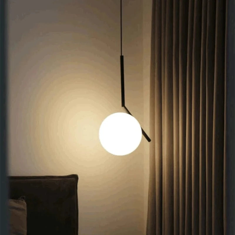 Stylowa lampa do salonu Feimefeiyou wisząca z kulistym białym kloszem i czarnym uchwytem