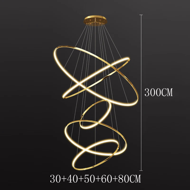 Żyrandol pierścienie, nowoczesny złoty, wiszący w salonie, 300CM wysokości